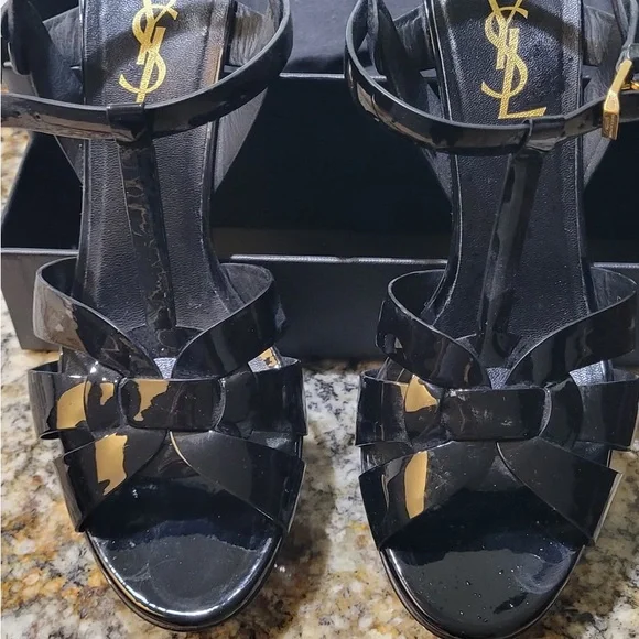 Yves Saint Laurent Women's Black Patent Tribute Heels - Picture 2 of 10